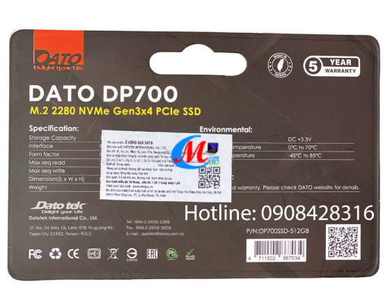 Ổ CỨNG SSD DATO DP700 512GB M.2 2280 NVMe GEN 3X4 PCIe SSD